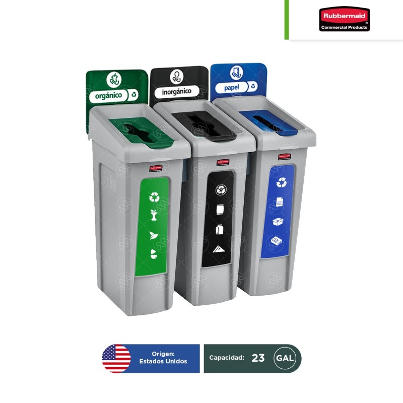 Estación de reciclaje 3 divisiones Slim Jim Rubbermaid 23 Gal