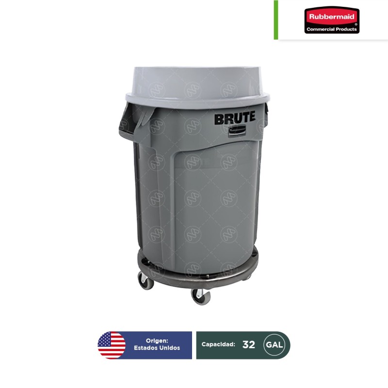 Contenedor Brute 32 Gal con tapa embudo o conica y base con ruedas Dolly de Rubbermaid
