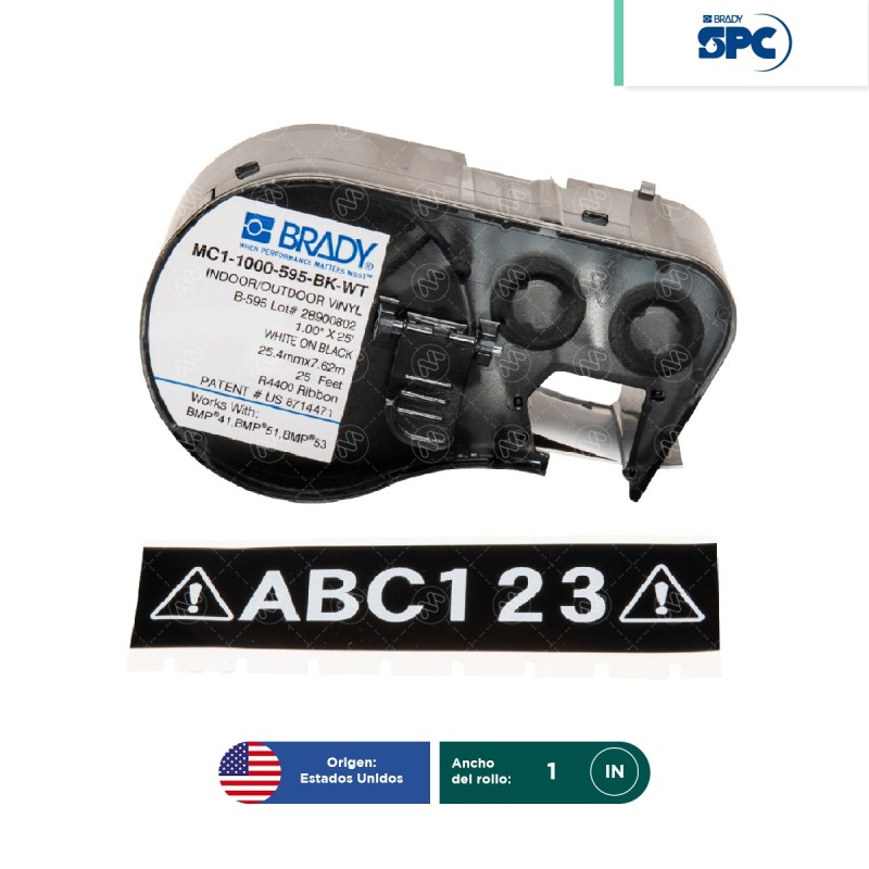 Cinta de etiquetas de vinilo con adhesivo permanente con cinta de impresión para impresoras BMP41, BMP51 – 1? MC1-1000-595-BK-WT